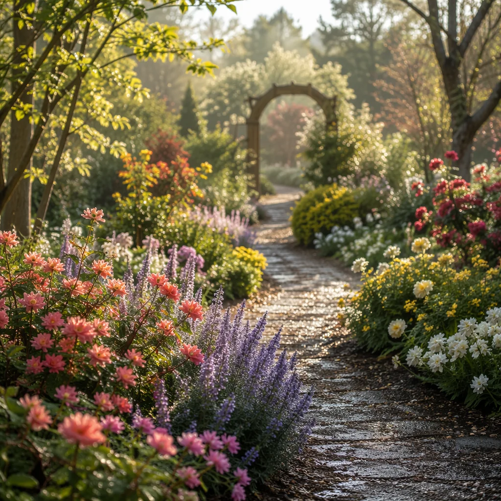 Spring Garden Path with Blooming Flowers