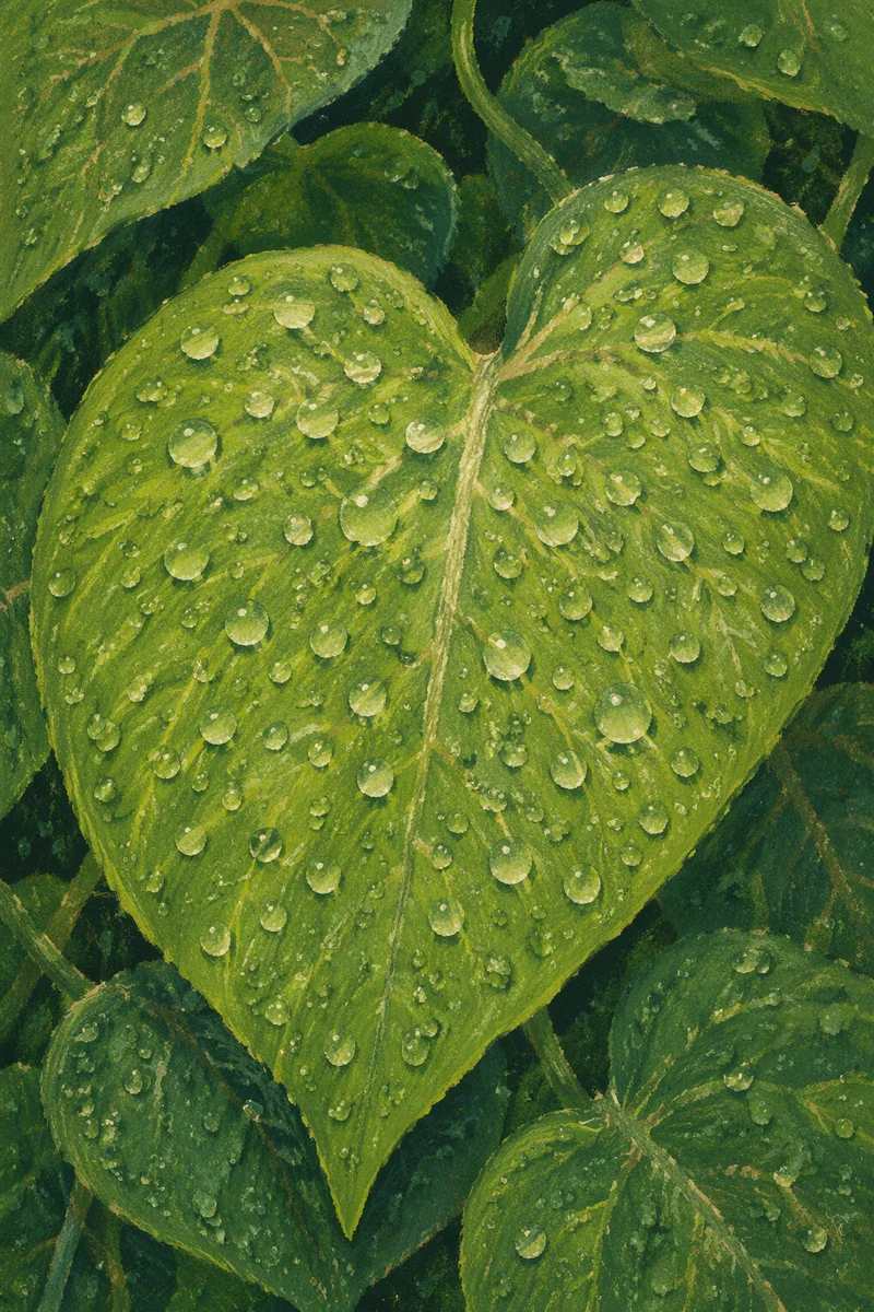 Spring Raindrops on Heart Shaped Leaves