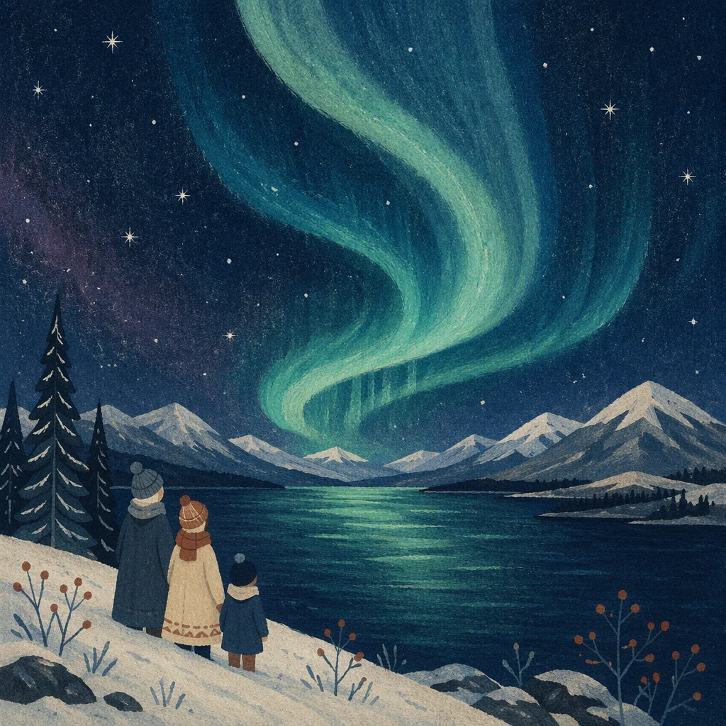 Starry Aurora Over Winter Mountain Lake