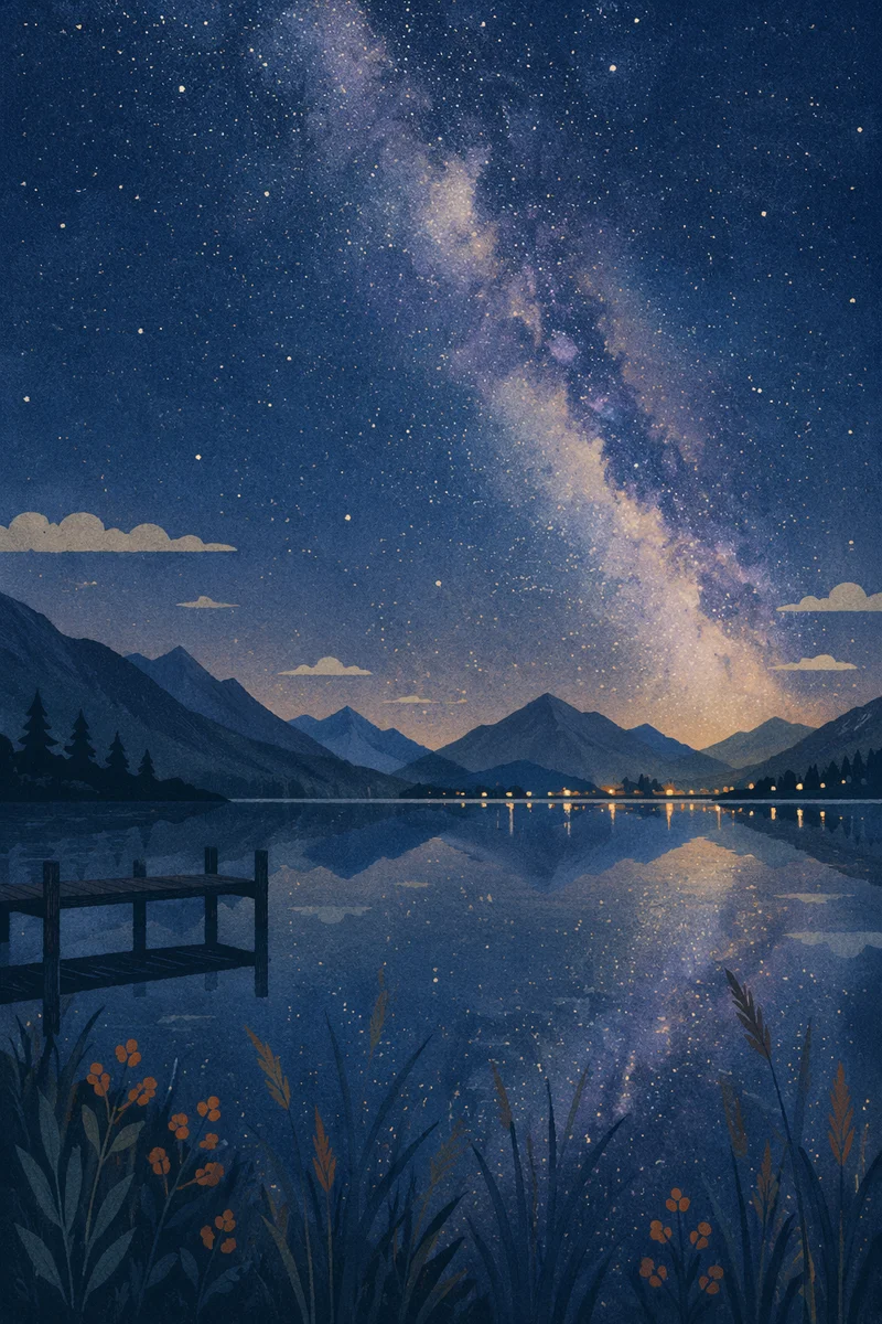 Starry Alpine Lake With Milky Way Reflection