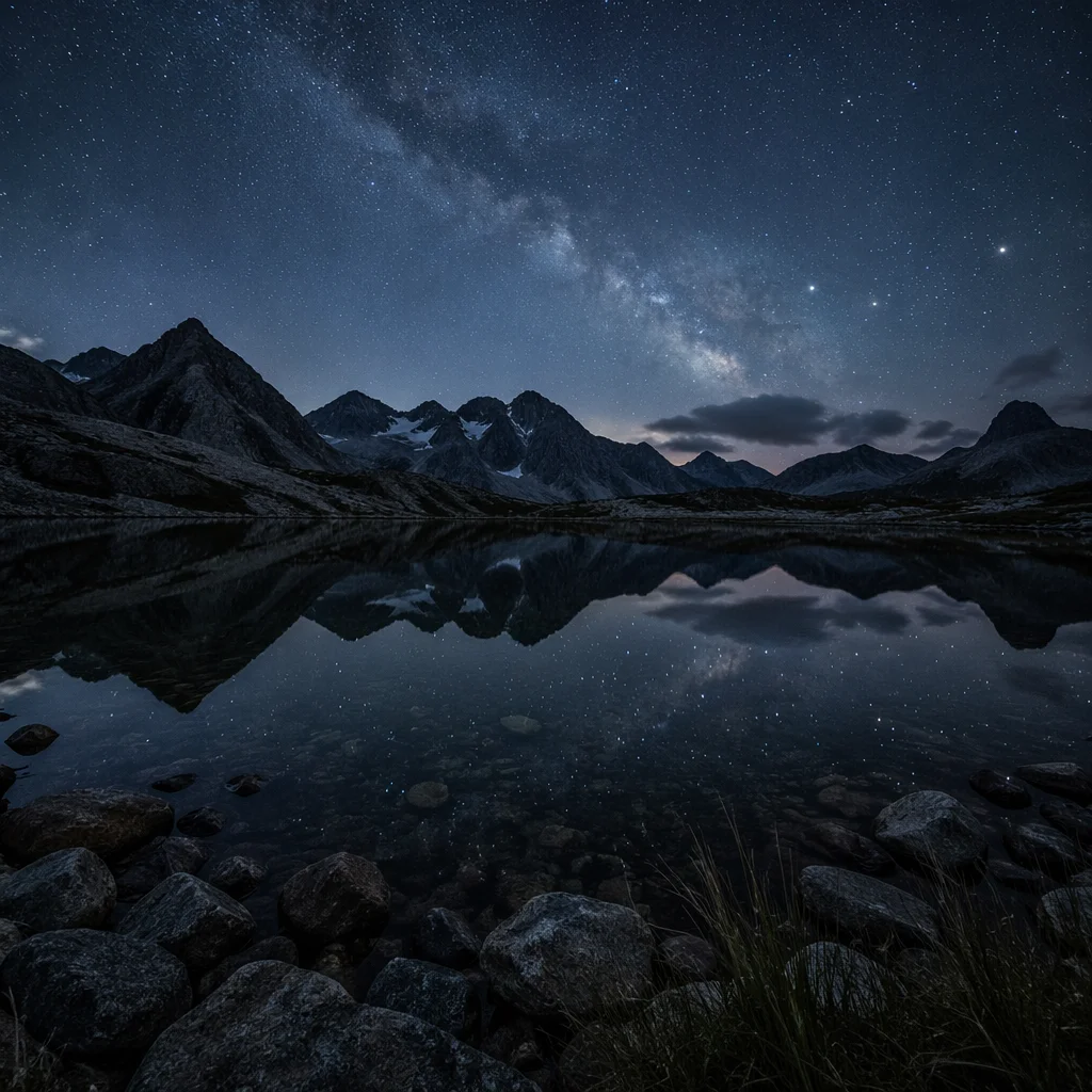 Starry Night Over Alpine Lake Reflection
