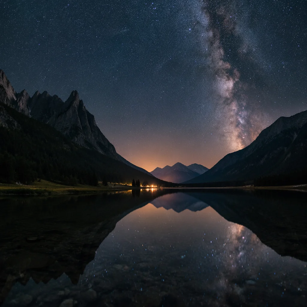 Starry Alpine Lake Reflection at Night