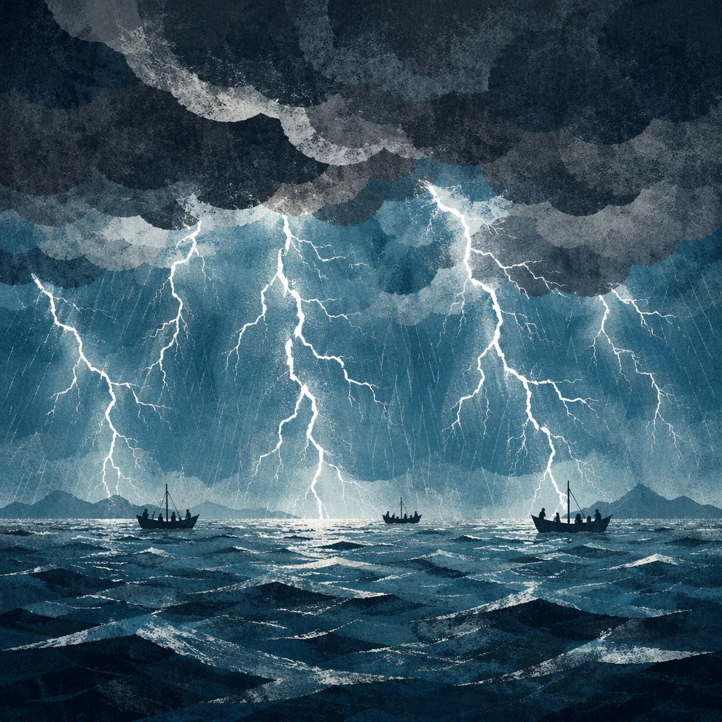 Lightning Over Stormy Sea and Fishing Boats