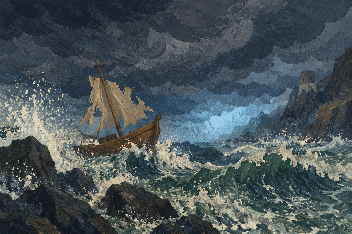 Stormy Sea with Wooden Sailing Vessel