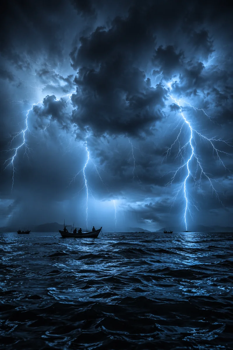 Lightning Over Stormy Open Sea
