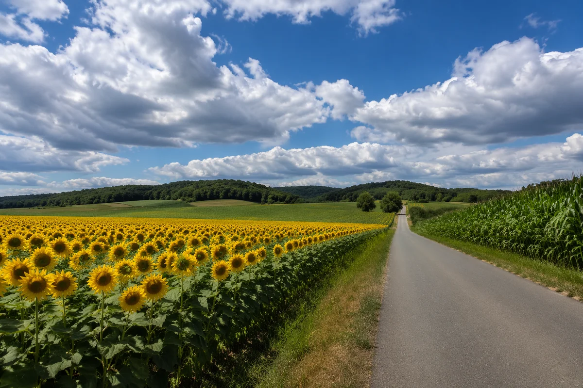Sunflower Field Road Under Blue Sky