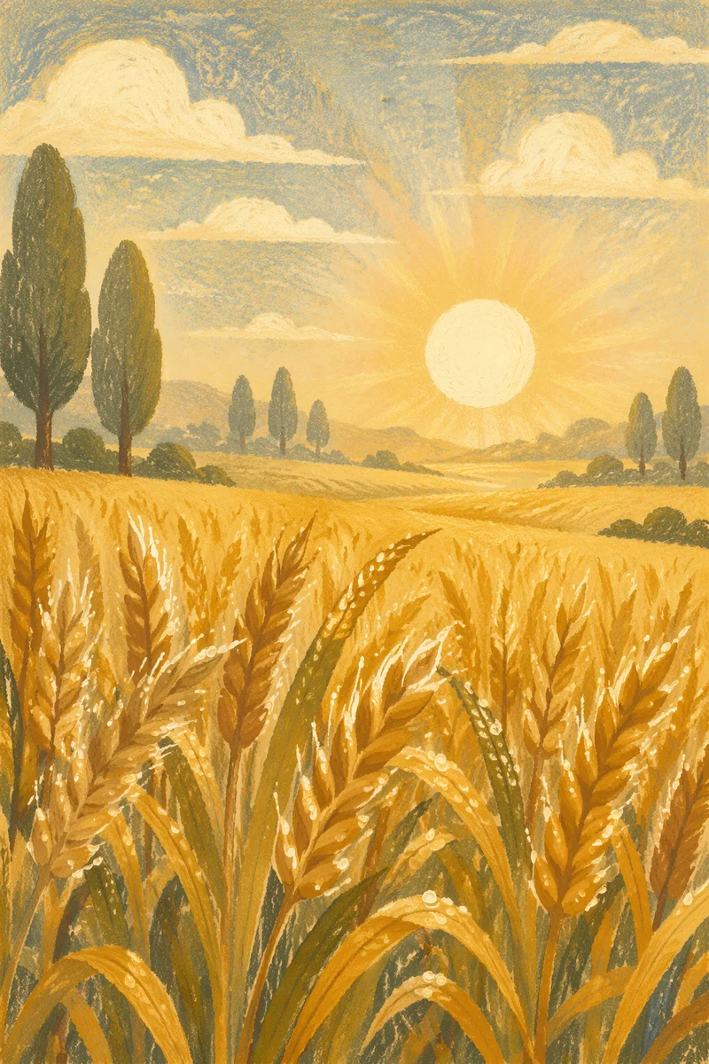Golden Sunrise Over Dewy Wheat Field