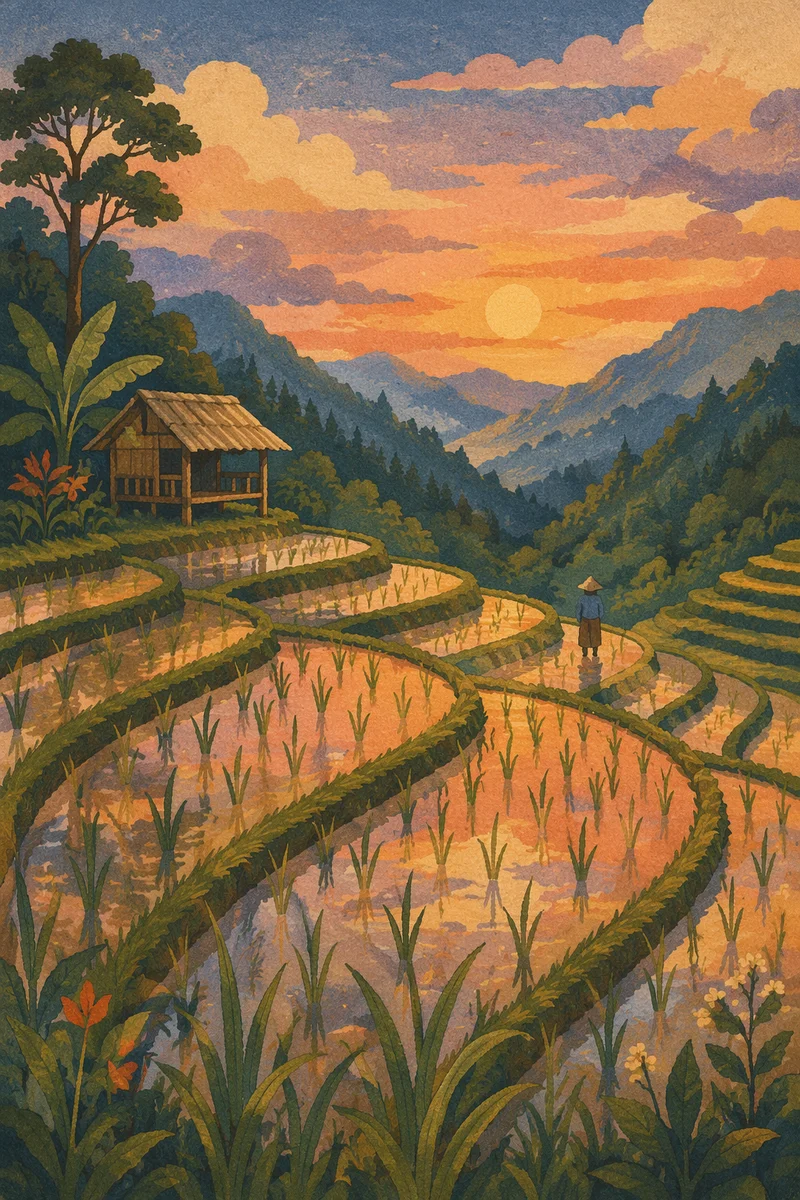 Sunset Reflections Over Terraced Rice Paddies