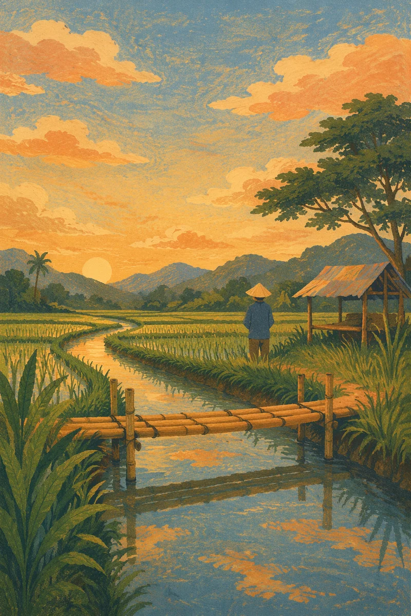 Sunset Reflections Over Quiet Rice Paddies