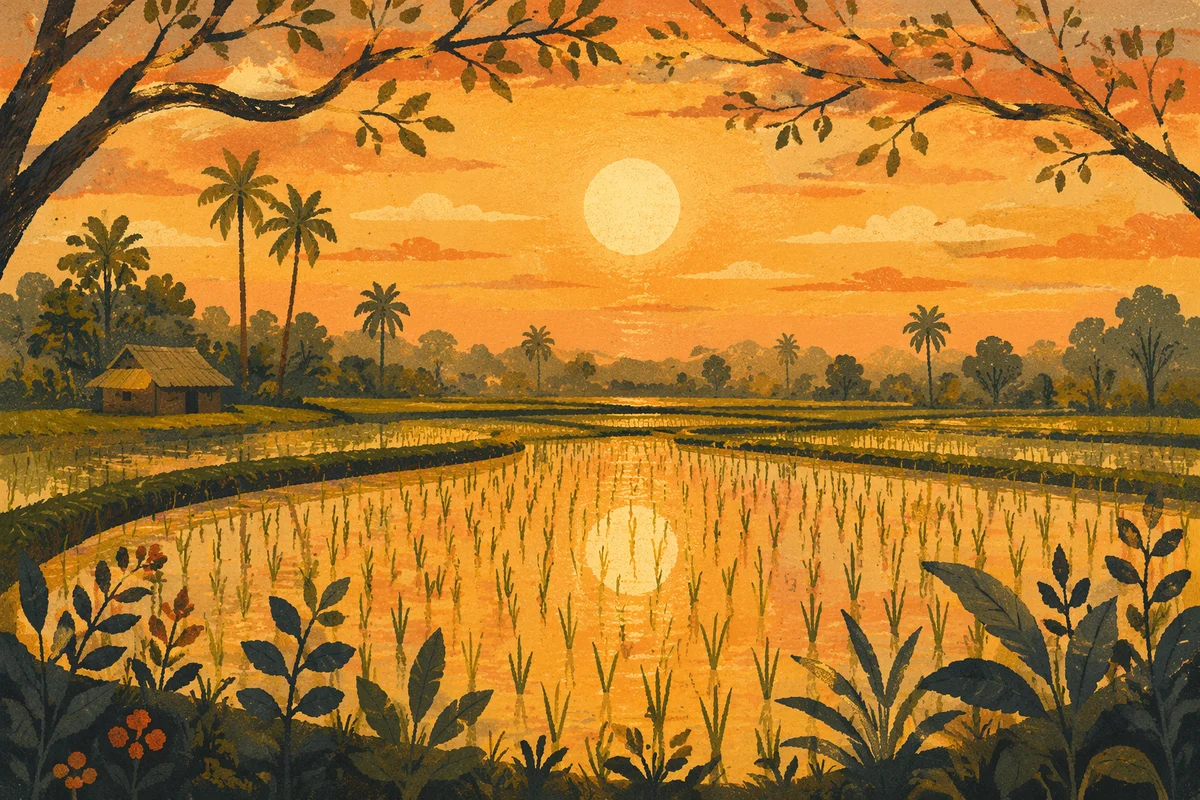 Sunset Reflected in Peaceful Rice Paddy
