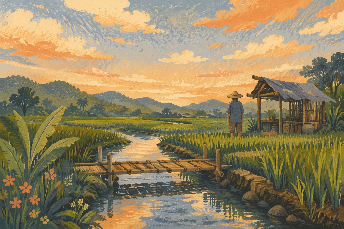 Golden Sunset Over Reflective Rice Paddies