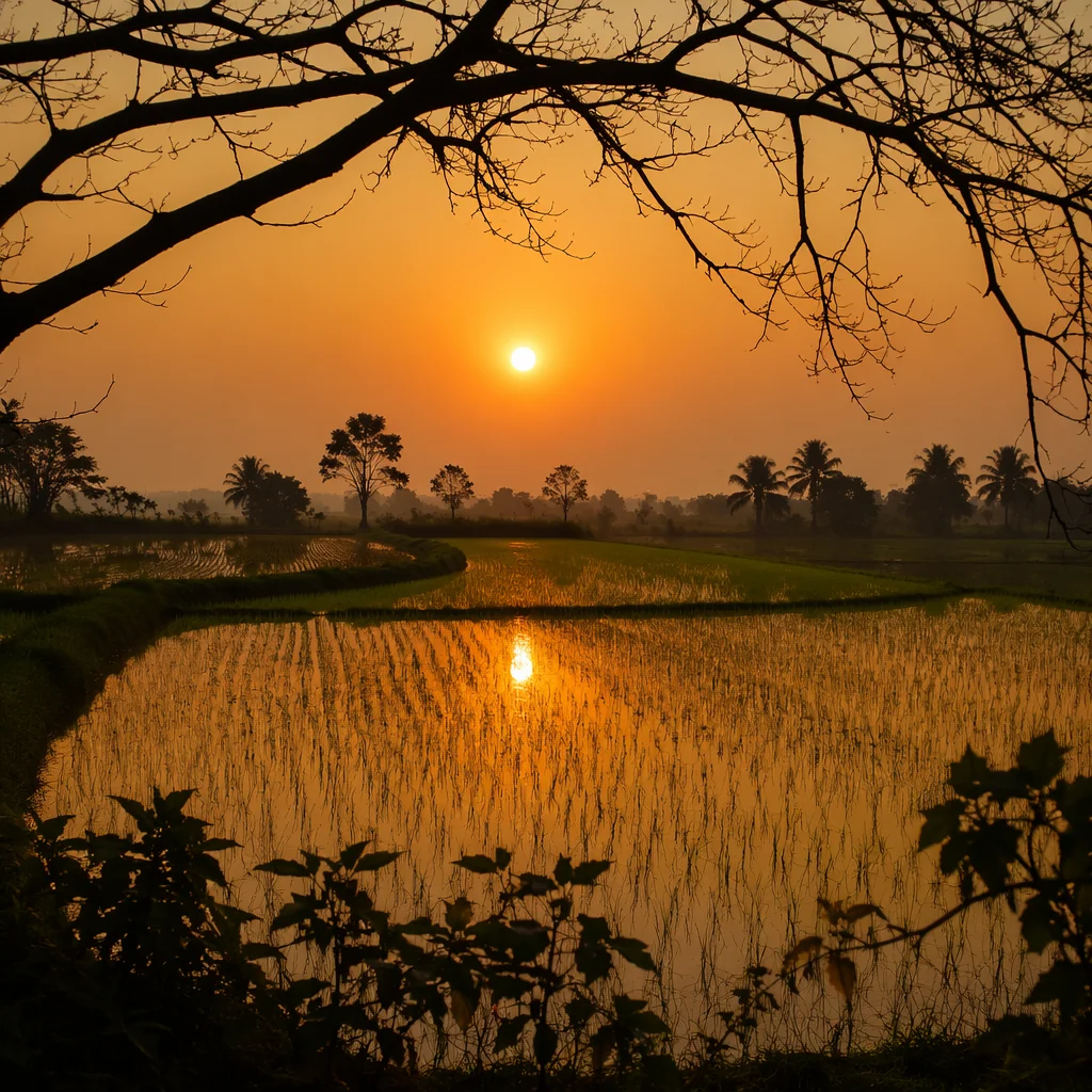 Sunset Reflected in Tranquil Rice Paddy