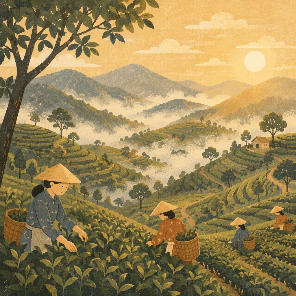 Morning Mist Over Terraced Tea Hills