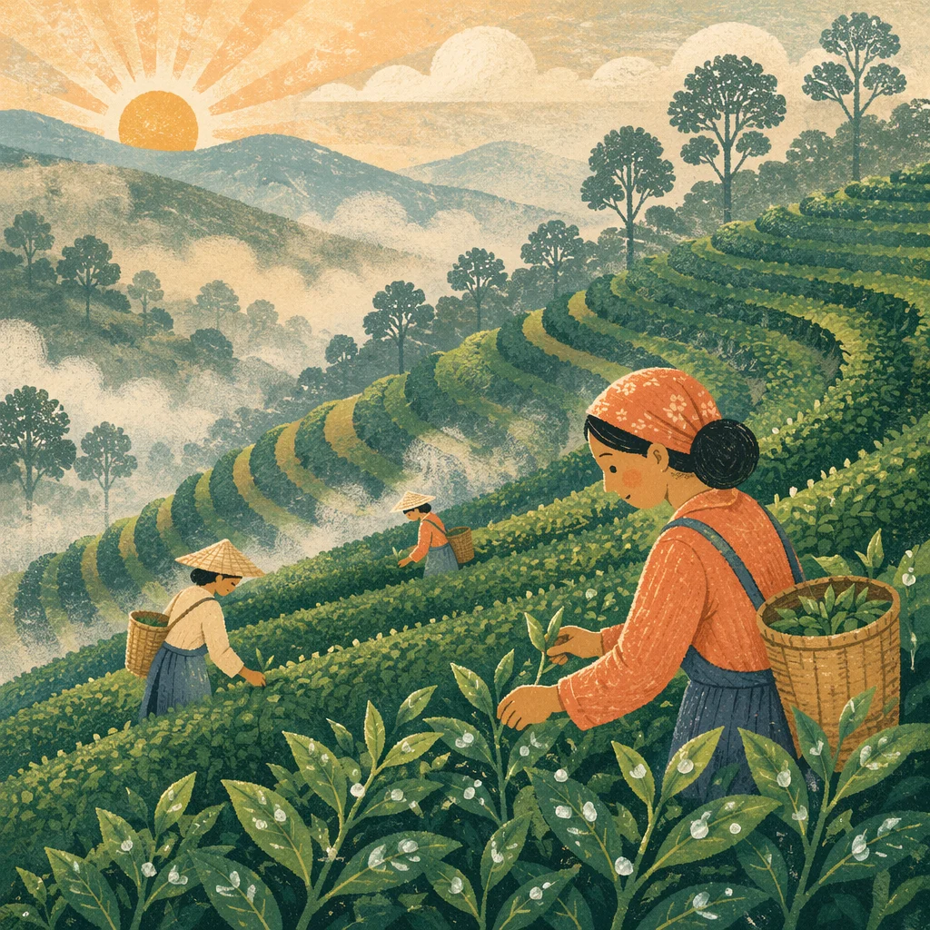 Misty Dawn Over Terraced Tea Hills