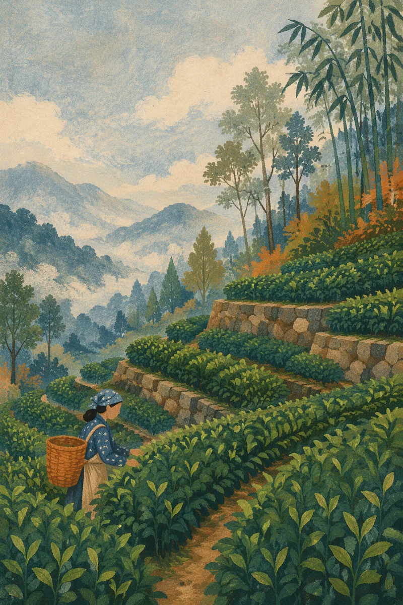 Misty Terraced Green Tea Hillside