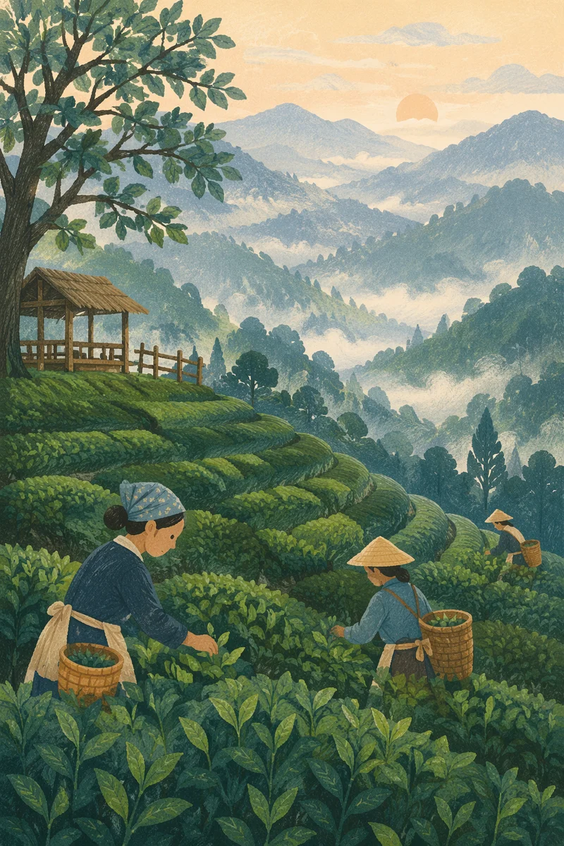 Morning Mist Over Terraced Tea Hills