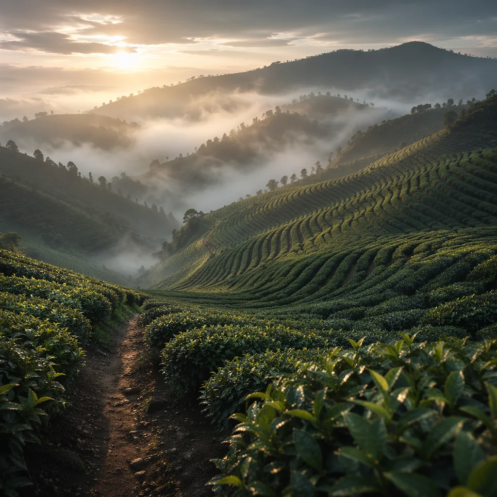 Misty Dawn Over Terraced Tea Hills