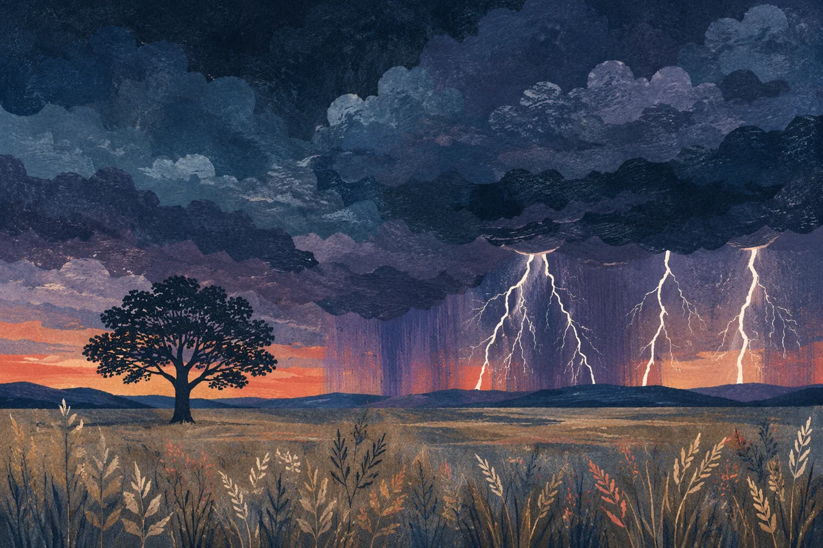 Lightning Storm Over Rural Field at Dusk