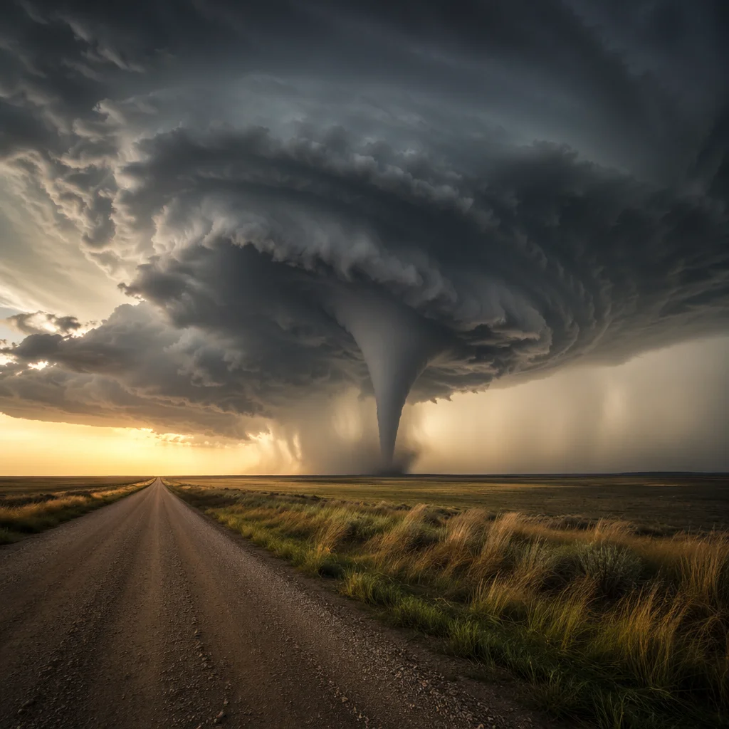 Dramatic Tornado Funnel Over Open Plains