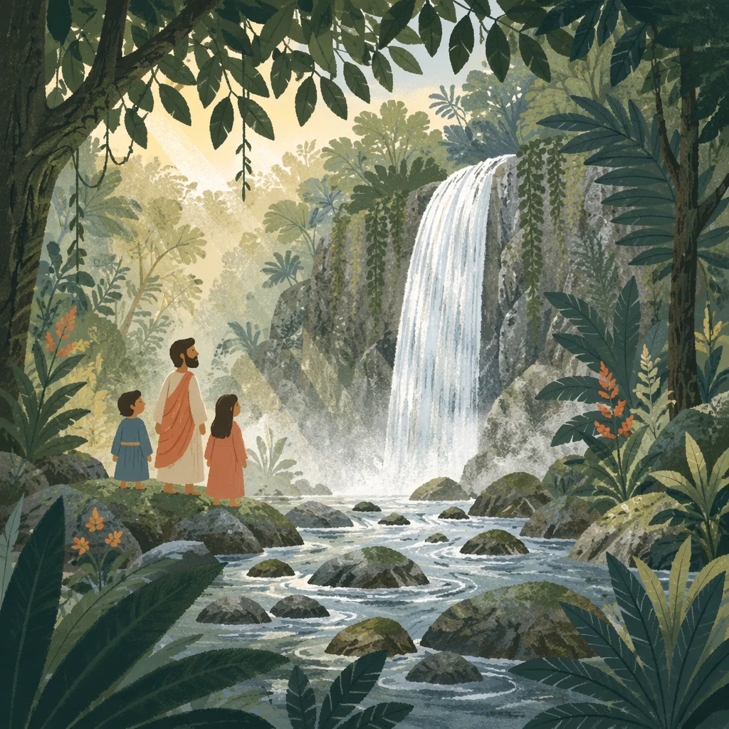 Emerald Jungle Waterfall Under Misty Canopy