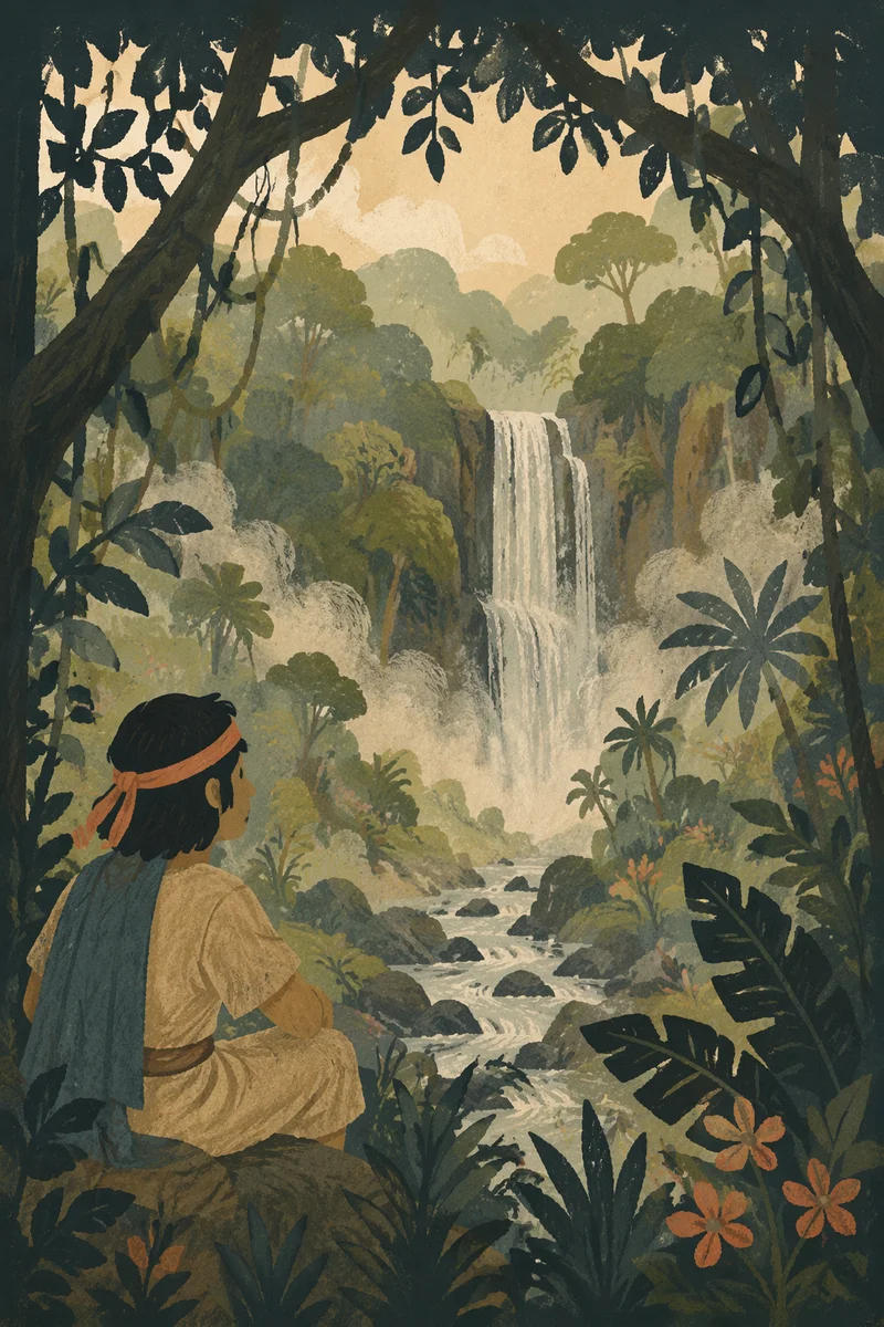 Secluded Tropical Waterfall Under Misty Canopy