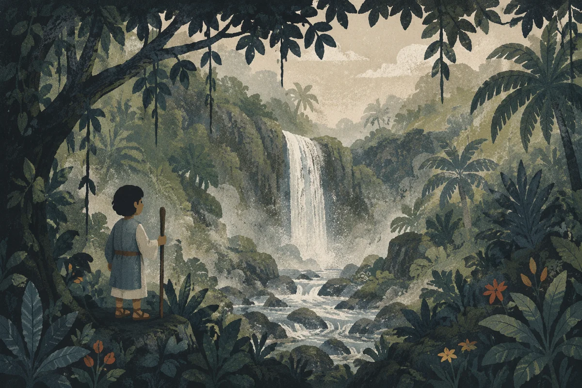 Secluded Tropical Waterfall Beneath Misty Canopy