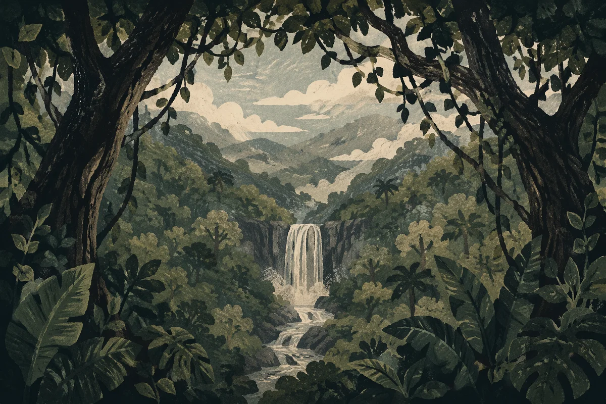 Serene Tropical Waterfall Under Misty Canopy