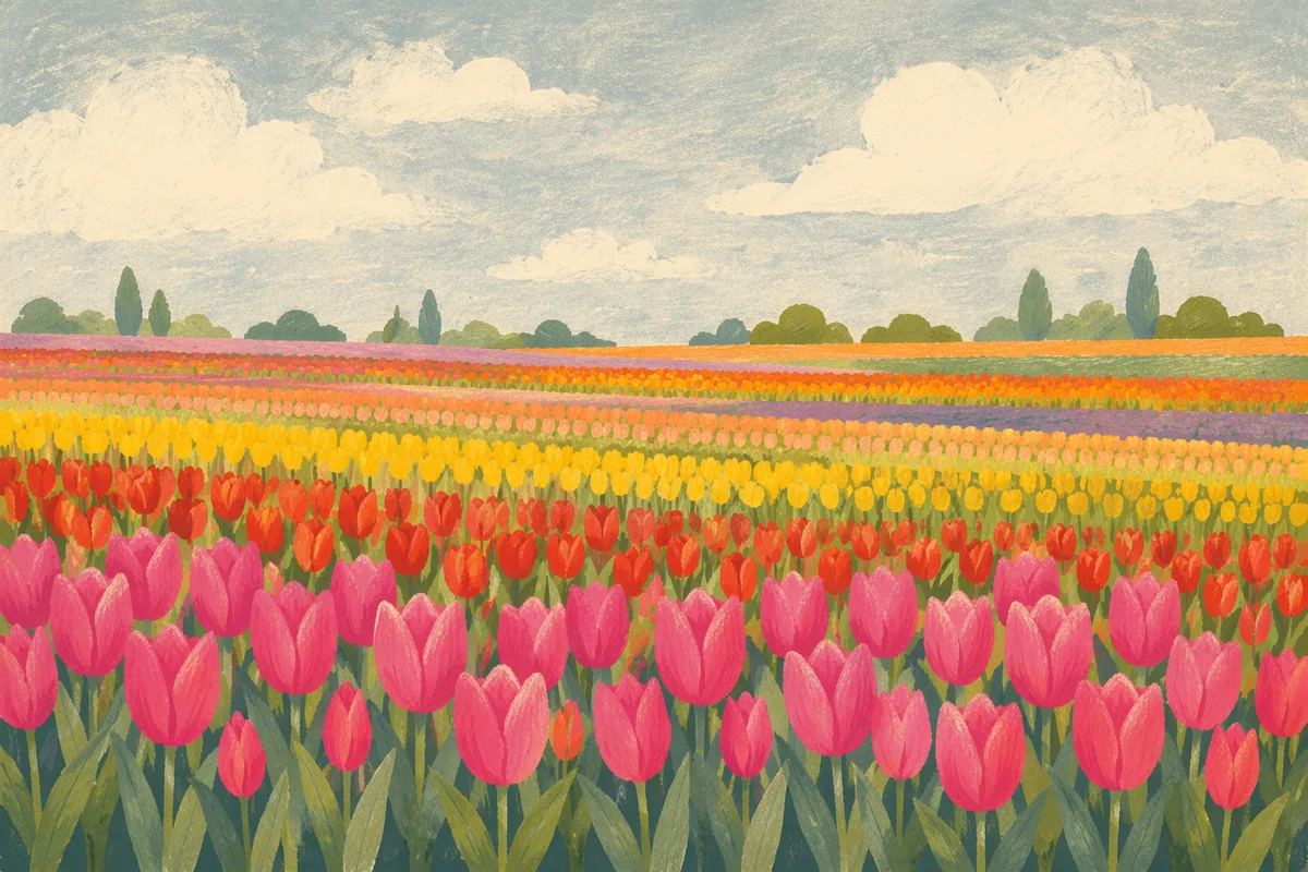 Colorful Tulip Field Rows in Netherlands