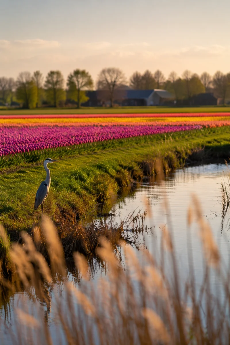 Golden Hour Tulip Fields in Netherlands Countryside