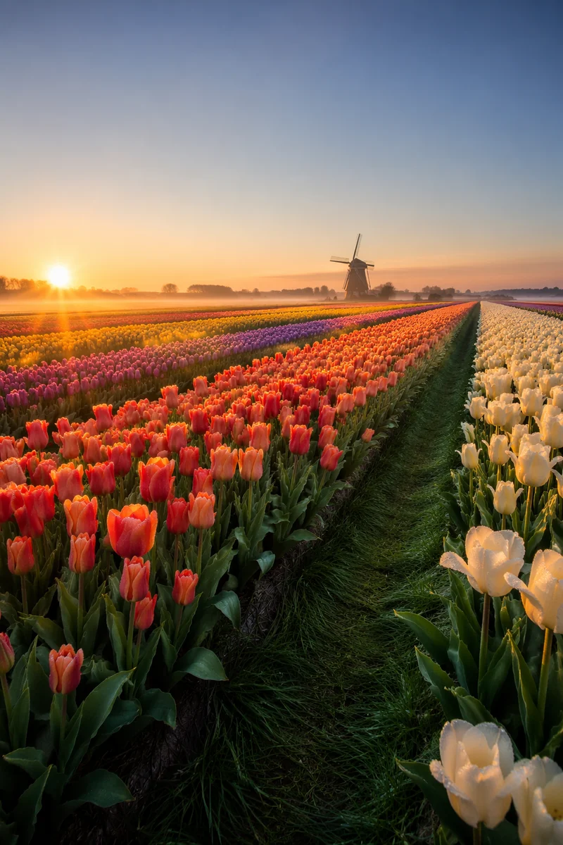 Sunrise Tulip Rows in Dutch Countryside