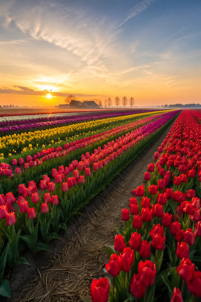 Colorful Tulip Field Rows at Sunrise