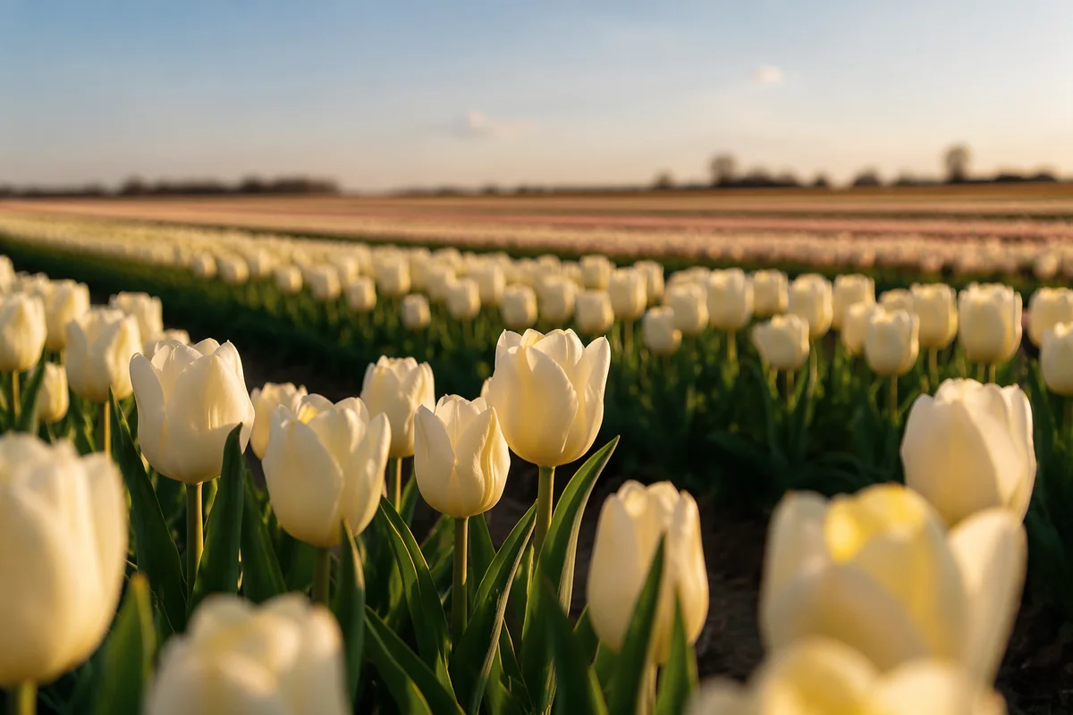Golden Hour White Tulip Field Rows