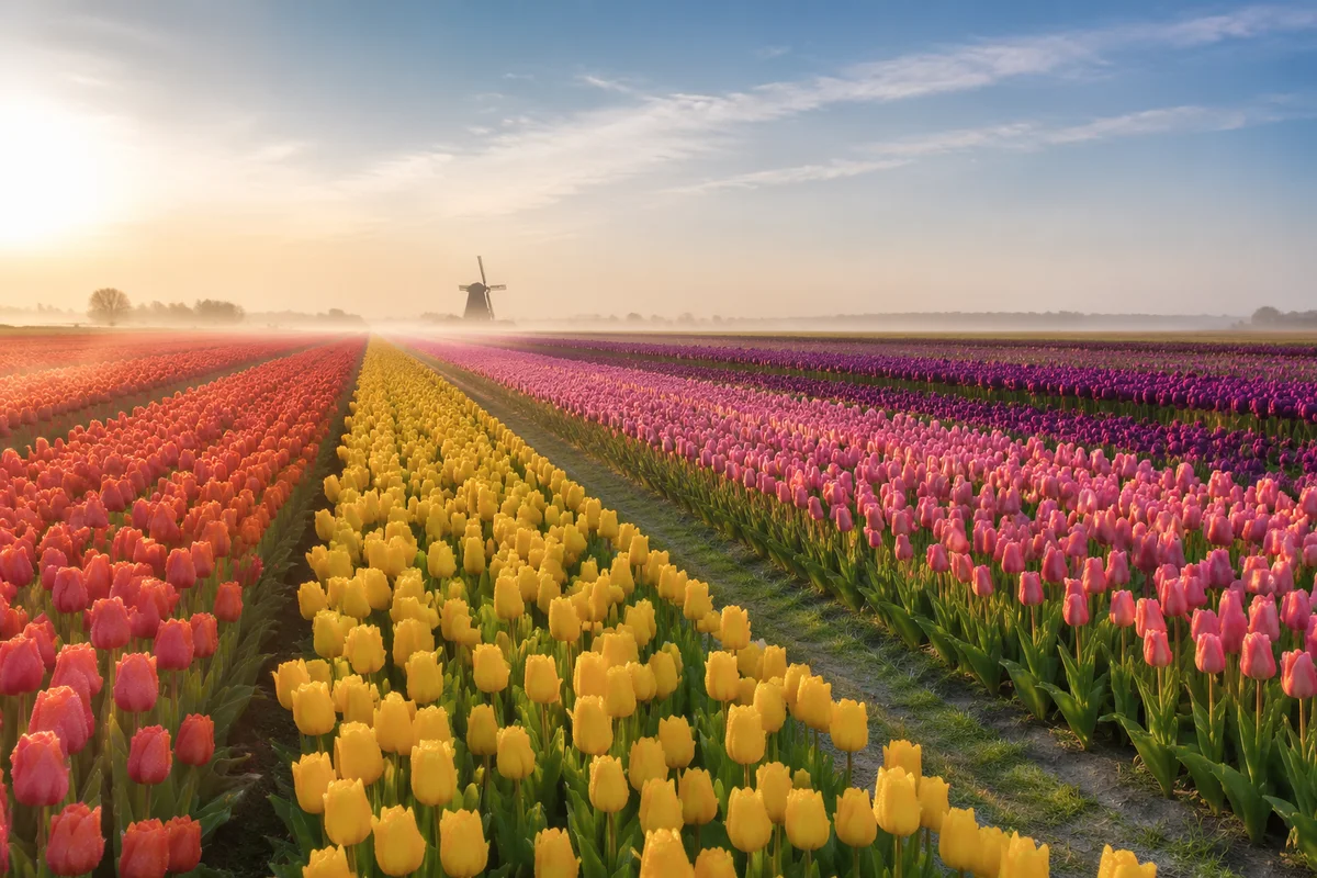 Morning Tulip Rows in Dutch Countryside