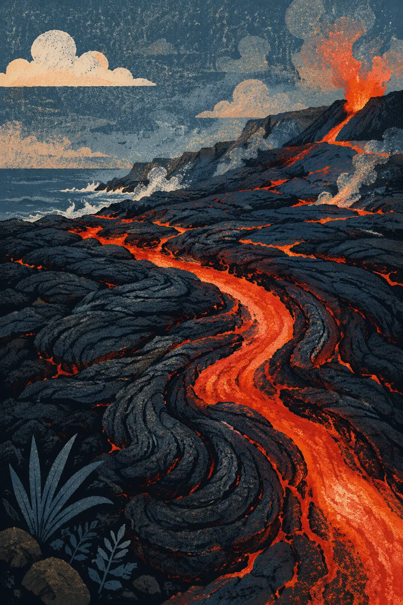 Glowing Black Lava on Volcanic Coast