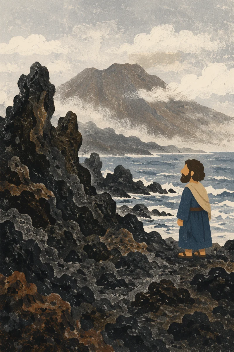 Rugged Black Lava Coast in Sea Fog
