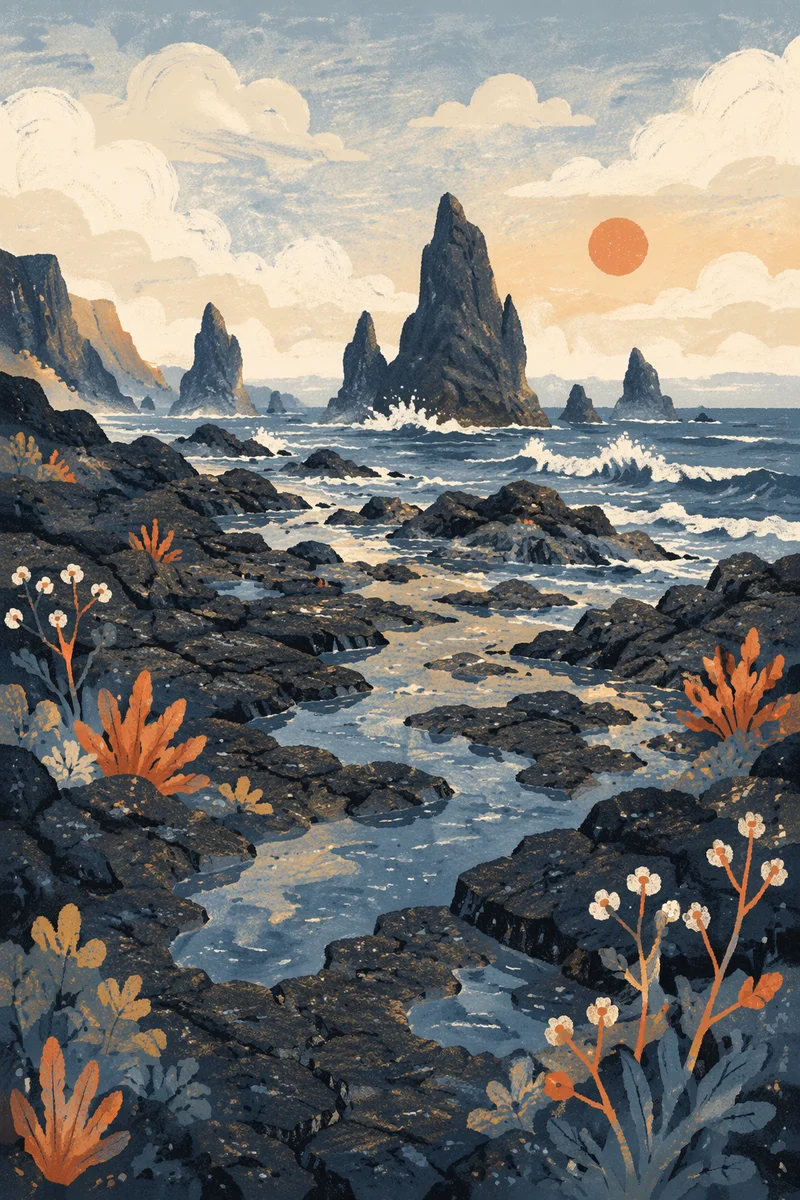 Black Lava Coast at Morning Tide