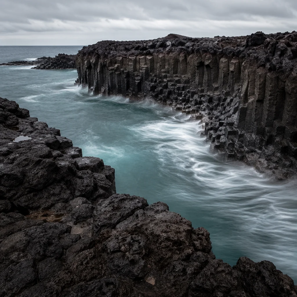 Black Volcanic Coast with Basalt Sea Cove