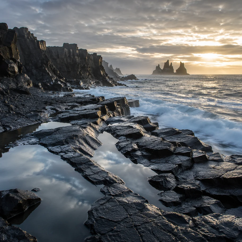 Black Volcanic Lava Coast at Sunrise