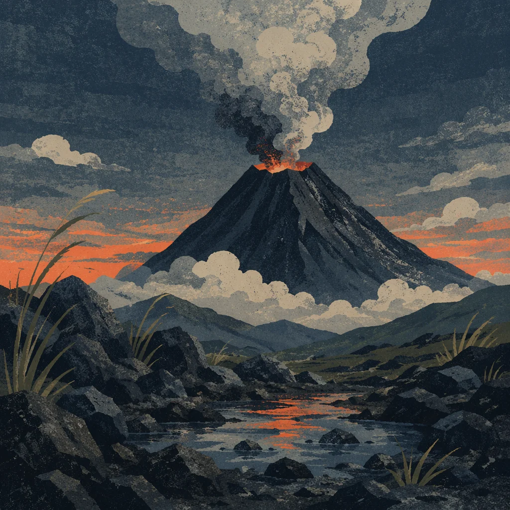 Dramatic Smoking Volcano at Twilight