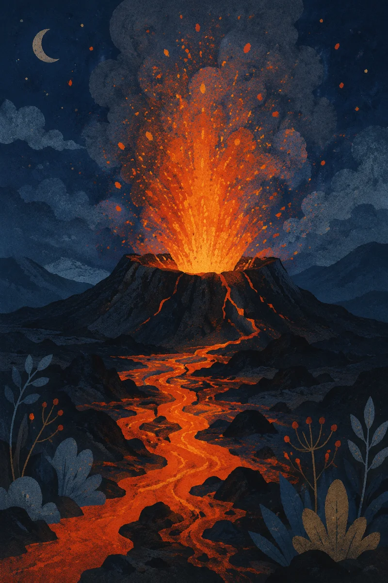 Dramatic Night Volcano Eruption with Rising Smoke