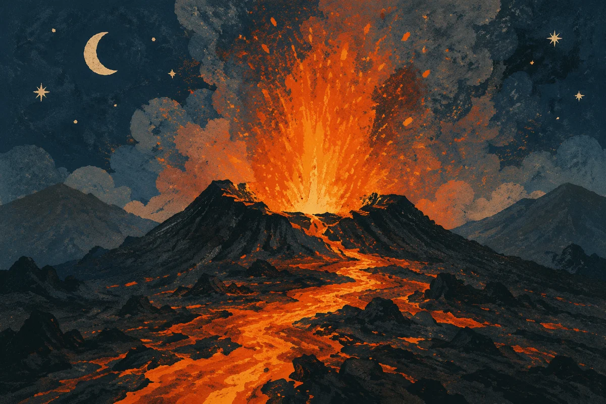 Dramatic Night Volcano Eruption with Rising Smoke