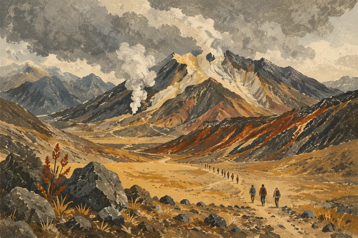 Dramatic Volcano Valley With Rising Smoke