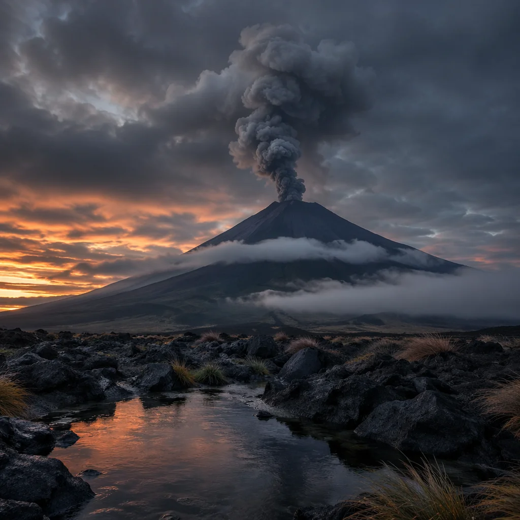 Smoking Volcano Under Twilight Wilderness Sky