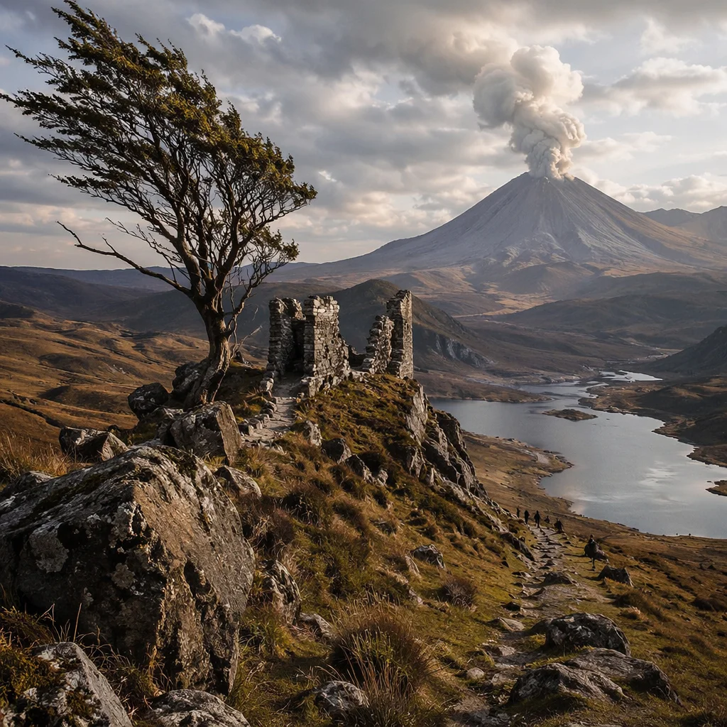 Dramatic Volcano Valley with Rising Smoke
