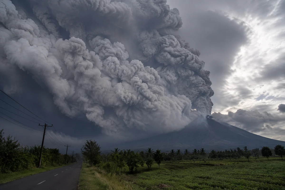 Dramatic Volcano Eruption Over Rural Road