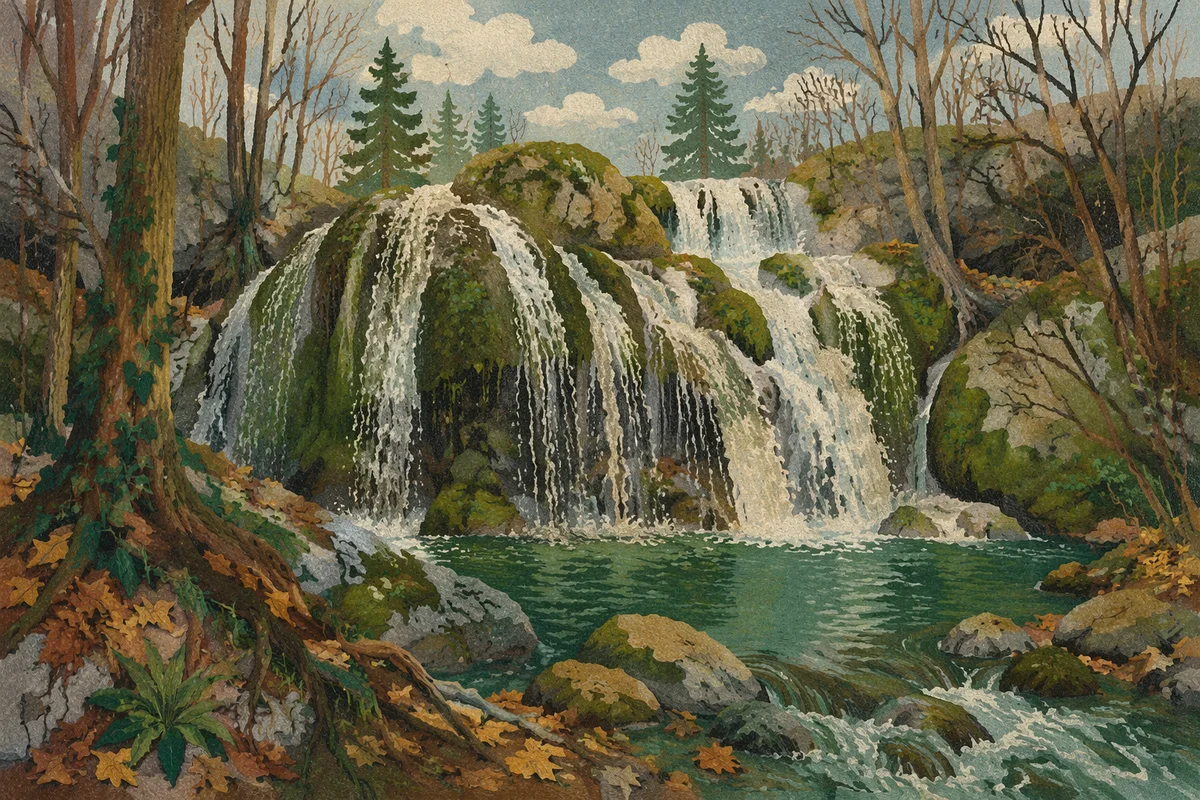 Emerald Forest Waterfall Over Mossy Limestone