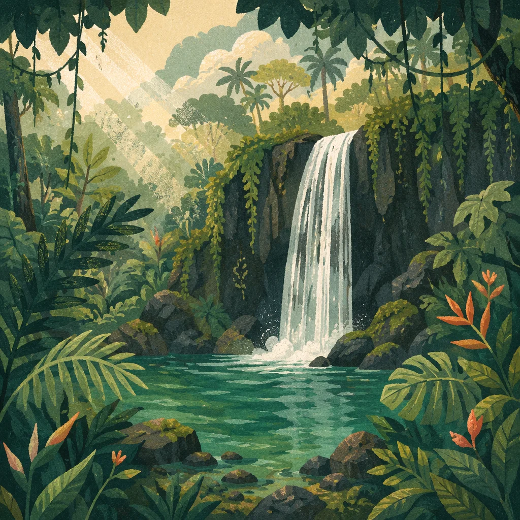 Secluded Tropical Jungle Waterfall at Dawn