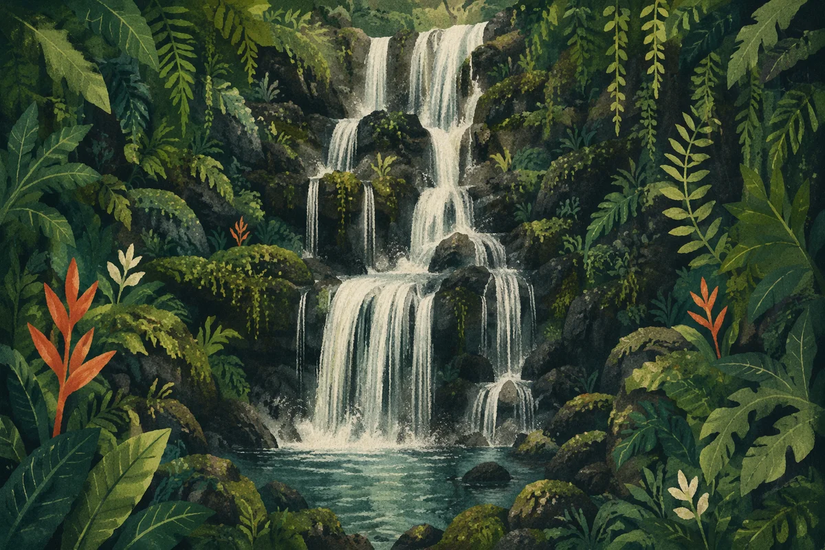 Secluded Tropical Jungle Waterfall Landscape