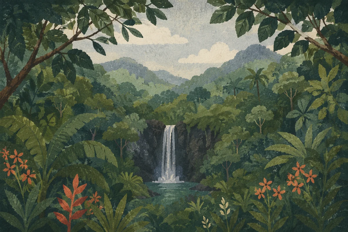 Secluded Tropical Waterfall in Lush Jungle
