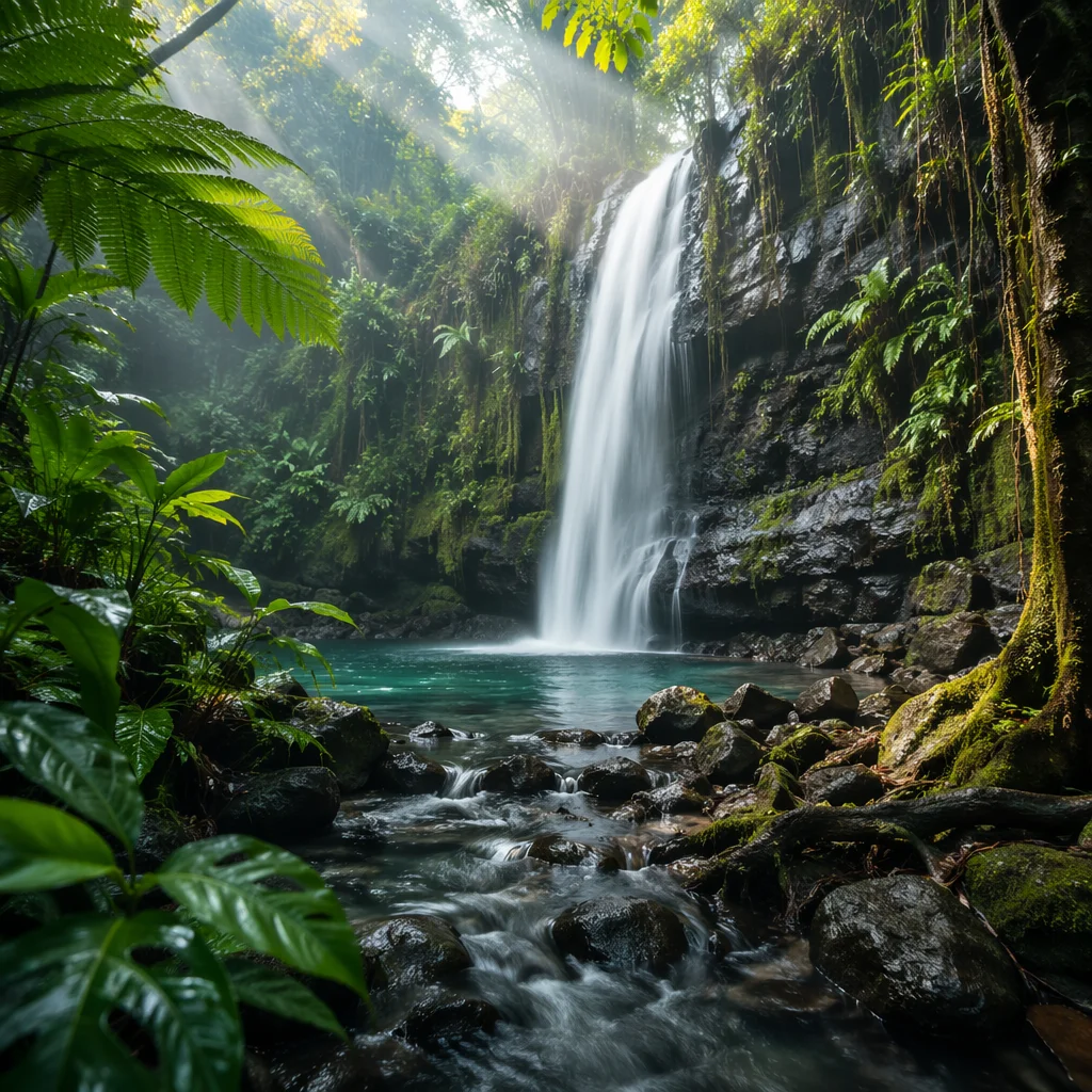 Hidden Tropical Jungle Waterfall at Dawn